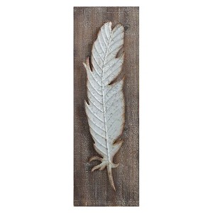 9.75" x 29.75" Metal Feather Wood Wall Décor - Storied Home: Rustic Bohemian Accessory, Distressed Finish - 1 of 4