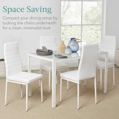 White Glass Top Dining Table Set with 4 Faux Leather Chairs