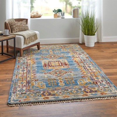 Hand-Knotted Blue and Multicolor Wool Rectangular Area Rug