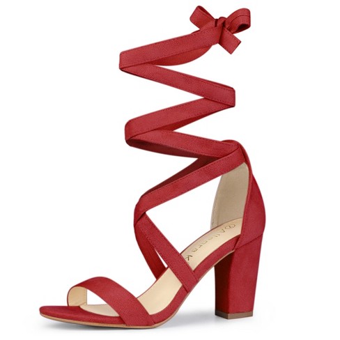 Red lace up 2025 block heels