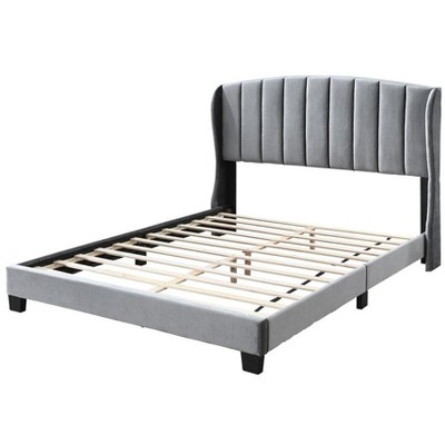 DOMETOUR Velvet Tufted Curved Platform Bed, Queen - Silver Grey