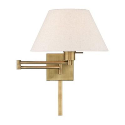 Antique Brass Swing Arm Wall Lamp with Oatmeal Fabric Shade
