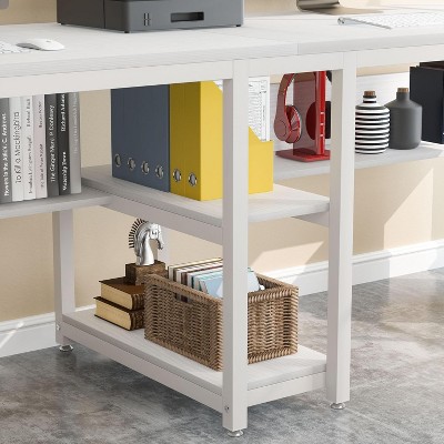 White Double Workstation Desk with Bookshelf and Storage Shelves