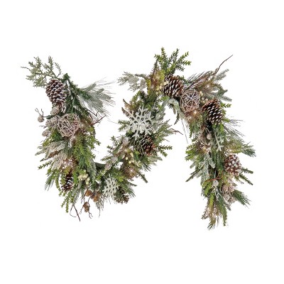 HGTV Home Collection 6ft Pre Lit Artificial Christmas Garland, Mixed Branch Tips , Decorated with Pinecones, Berries, Snowflakes, and Ornaments