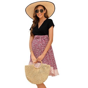 WhizMax Women's Maternity Dress Casual Short Sleeve Summer High Waist A Line Dress for Photoshop Baby Shower - 1 of 4