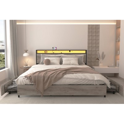 ALEXOUN Queen Bed Frame with Storage Headboard,with Four Pulley Storage Racks Under the Bed Metal Platform Bed Frame, Noise Free,