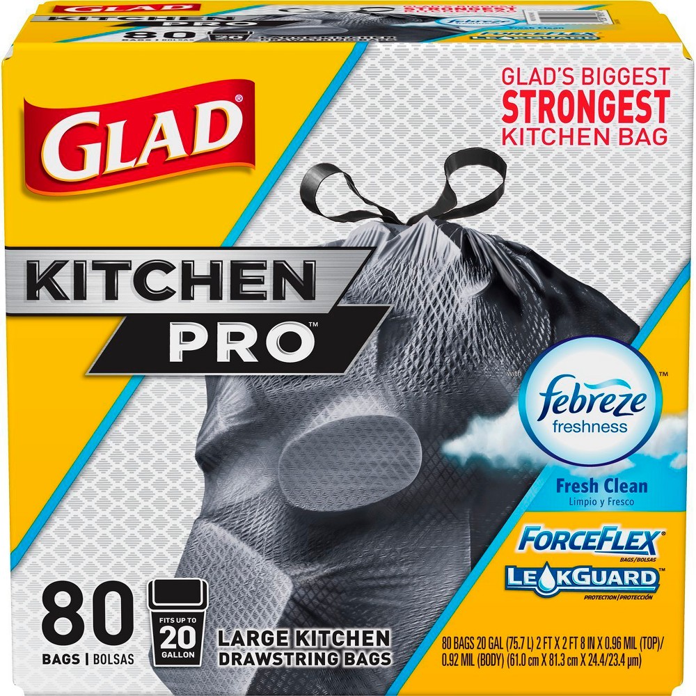 Glad Kitchen Pro ForceFlex + OdorSheild Large Drawstring Trash Bags - Fresh Clean Scent - 20 Gallon - 80ct