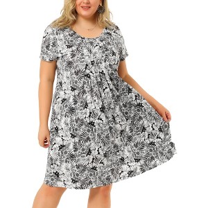 Agnes Orinda Women's Plus Size Floral Inverted Box Pleat Boho T-Shirt Dresses - 1 of 4