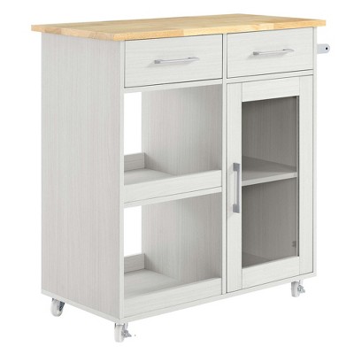 Modway Culinary Kitchen Cart With Towel Bar – Rolling Storage Island with Wood Top, Cabinet, and Drawer, White