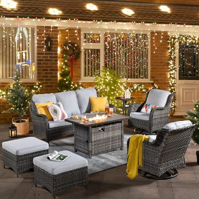 XIZZI Wicker Patio Furniture Set with 3-Seat Sofa, Swivel Rocking Armchairs & Ottomans & Side Table, Modular Sectional Outdoor Conversation Sofa Set