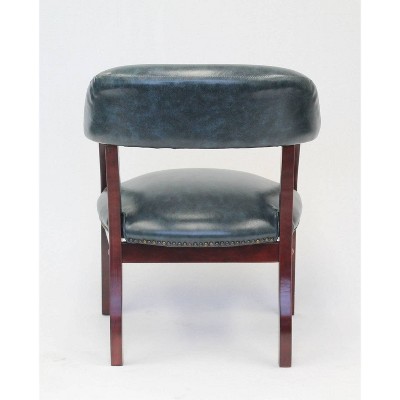 Blue Vinyl and Mahogany Wood Traditional Captain's Reception Chair