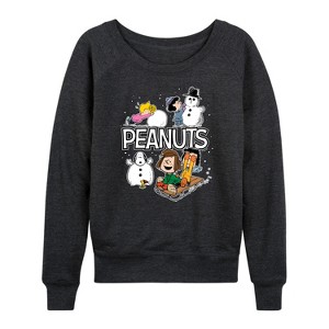 Women's - Peanuts - Winter Stickers Lightweight French Terry Wide Neck Long Sleeve Graphic Shirt - 1 of 4