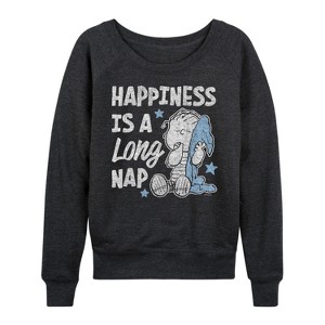 Women's - Peanuts - Linus Happiness Is A Long Nap Lightweight French Terry Wide Neck Long Sleeve Graphic Shirt - 1 of 4