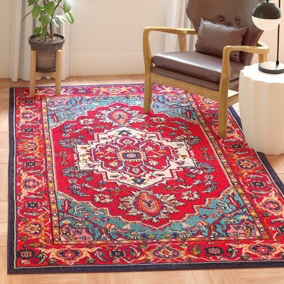 Red and Turquoise Floral Synthetic Area Rug
