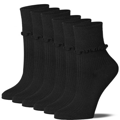 Tipi Toe Womens Black Solid Lettuce Edge Lightweight Crew Length With Cuff Ruffle Socks