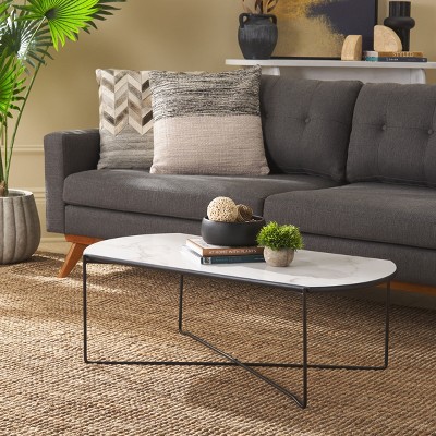 White Faux Marble and Black Metal Coffee Table