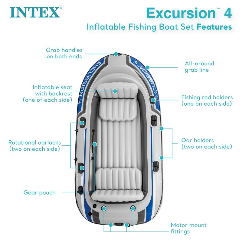 INTEX 68324EP Excursion 4 Inflatable Boat Set: Includes Deluxe 54in Boat Oars and High-Output Pump – Adjustable Seats with Backrest – Fishing Rod, 6 of 8