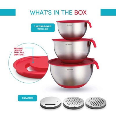 Red Stainless Steel Nesting Mixing Bowl Set with Lids and Graters