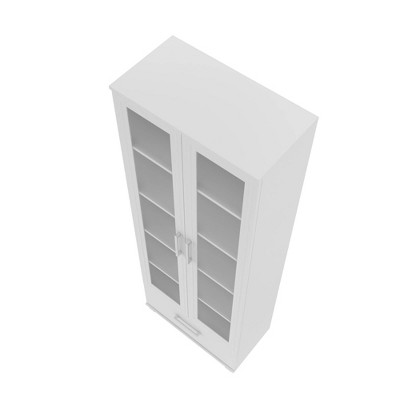 White 71.85" Bookcase with Frosted Glass Doors and Drawer