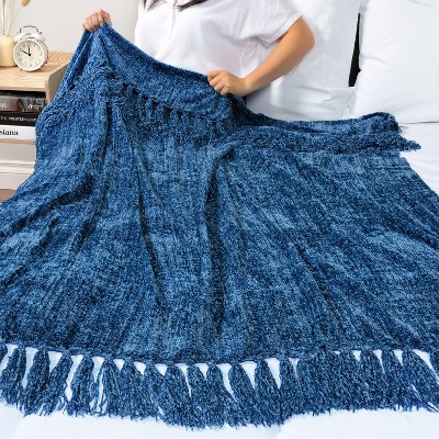 Blue Chenille Knitted Reversible Throw Blanket with Tassels