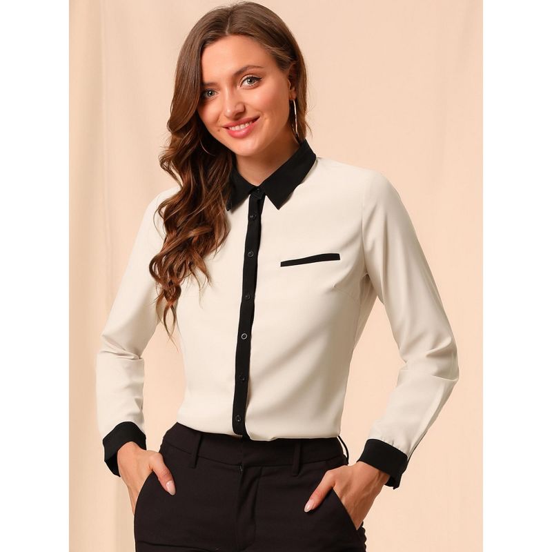 Allegra K Women's Contrast Collar Chiffon Long Sleeve Work Office Blouse, 3 of 8