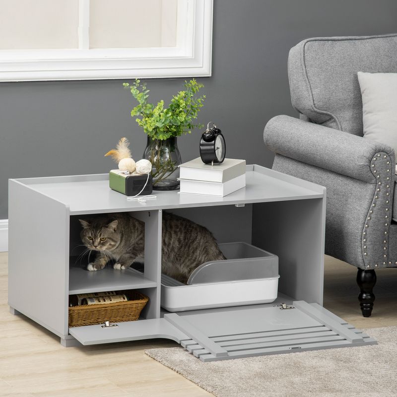 PawHut Cat Litter Box Enclosure with Spacious Interior, Cat Washroom Storage End Table with Hidden Storage Cabinet Space, Elevated Bottom, 3 of 7