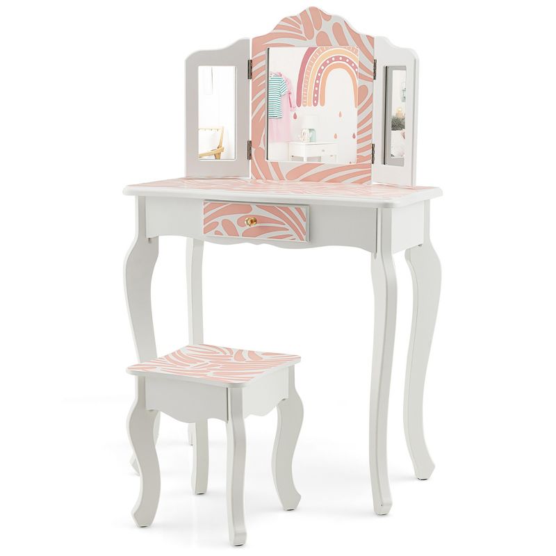 Costway Kid Vanity Set Wooden Makeup Table Stool Tri-Folding Mirror Zebra-Stripe Pink, 2 of 11