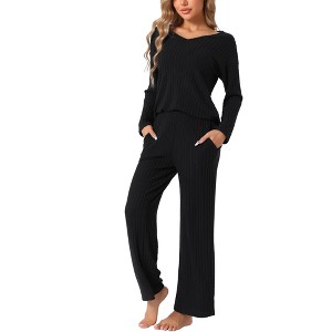 cheibear Women's Ribbed Knit V Neck Long Sleeve with Pants Casual Pajamas Sets - 1 of 4