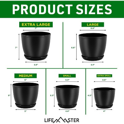 Black Stackable Plastic Plant Pots with Drainage - Set of 5
