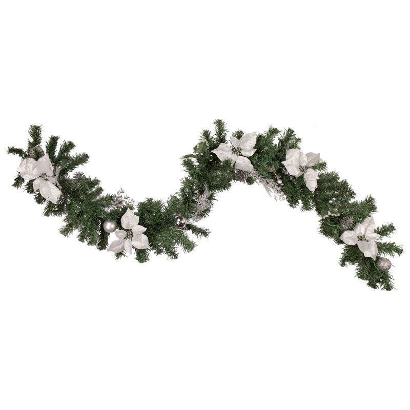 Northlight 6' x 9" Unlit Silver Poinsettia and Pinecone Artificial Christmas Garland, 1 of 6