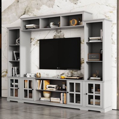 FUFU&GAGA 102'' Large Storage TV Stand,Wall Unit TV Console,Modular Entertainment Center with Hutch,Glass Door,Adjustable Shelves