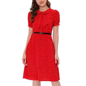 INSPIRE CHIC Women's Peter Pan Collar Tie Neck Short Sleeve A-Line Elegant Belted Floral Dress - 1 of 4
