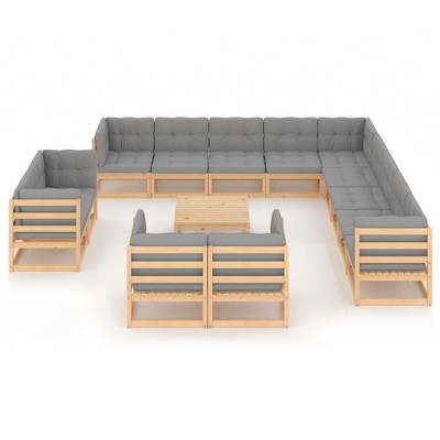 vidaXL 14 Piece Patio Lounge Set with Cushions Solid Wood Pine - Natural With Cushions