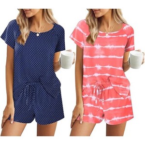 Ekouaer 2 Pack Womens Pajama Sets Short Sleeve Sleepwear Soft Crew Neck Pj Shorts Set Printed Loungewear Set - 1 of 4