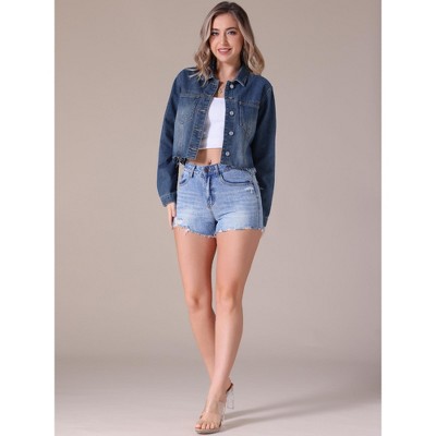 INSPIRE CHIC Women's Long Sleeve Button Down Turndown Collar Frayed Hem Trendy Cropped Washed Denim Jacket Light Blue Medium — фото 6