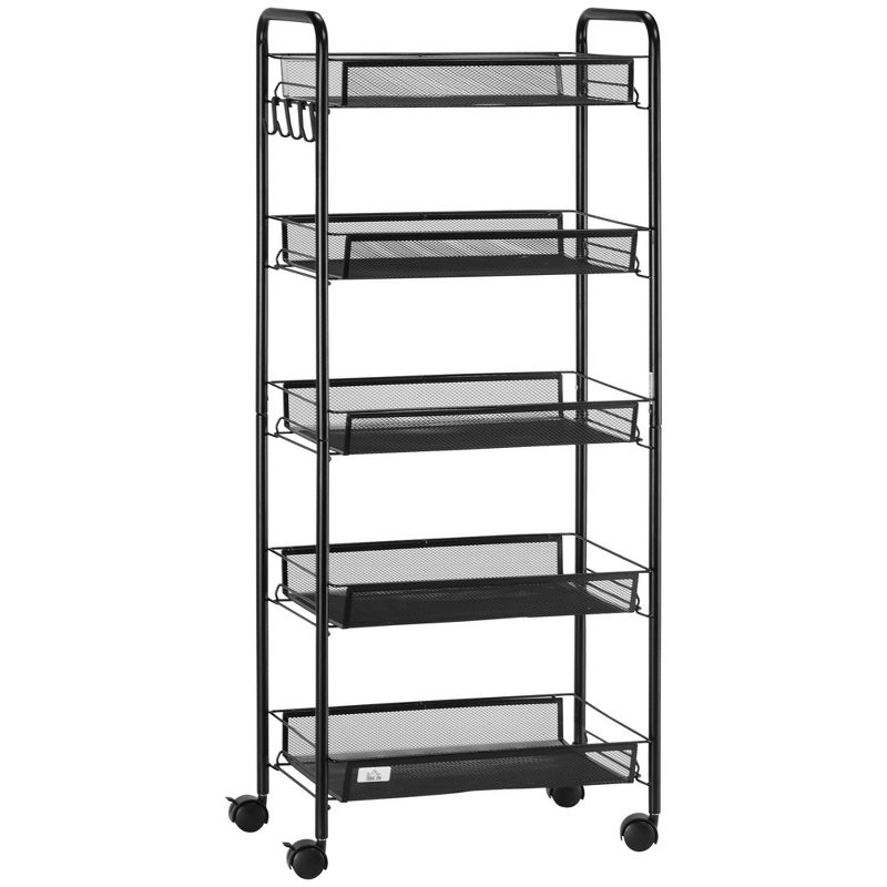 HOMCOM 5 Tier Utility Rolling Cart, Metal Storage Cart, Kitchen Cart with Removable Mesh Baskets, for Living Room, Laundry, Garage and Bathroom, Black, 1 of 7