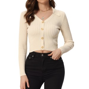 Allegra K Women's V Neck Crop Ribbed Knit Casual Long Sleeve Solid Sweater Pullover Top - 1 of 4