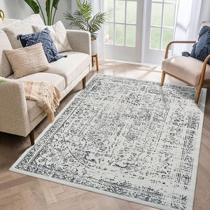 Vintage Floral Area Rug, Elegant Thin Carpet with Refined Design, Easy-Clean Low Pile for Living Room, Bedroom, Entryway - 1 of 4