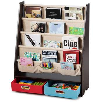 Costway Kids Book Rack Toys Organizer with 4 Sling Bookshelf & 2 Boxes Espresso\Beige