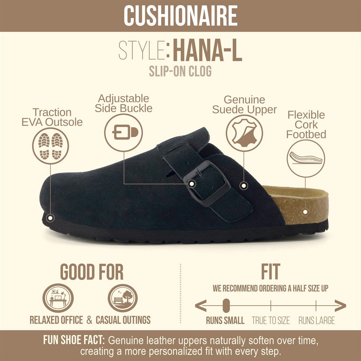 Женские сабо CUSHIONAIRE Hana - Genuine Leather Suede Classic Clog Womens Shoes - Slip On Mule Comfortable Shoes for Women, Black 8 — фото 2