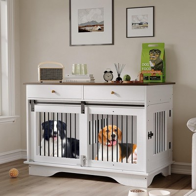47" Dog Furniture Crate, Large Furniture Style Dog Crate w/ 2 Storage Draws & Removable Divider & Triple Door Design