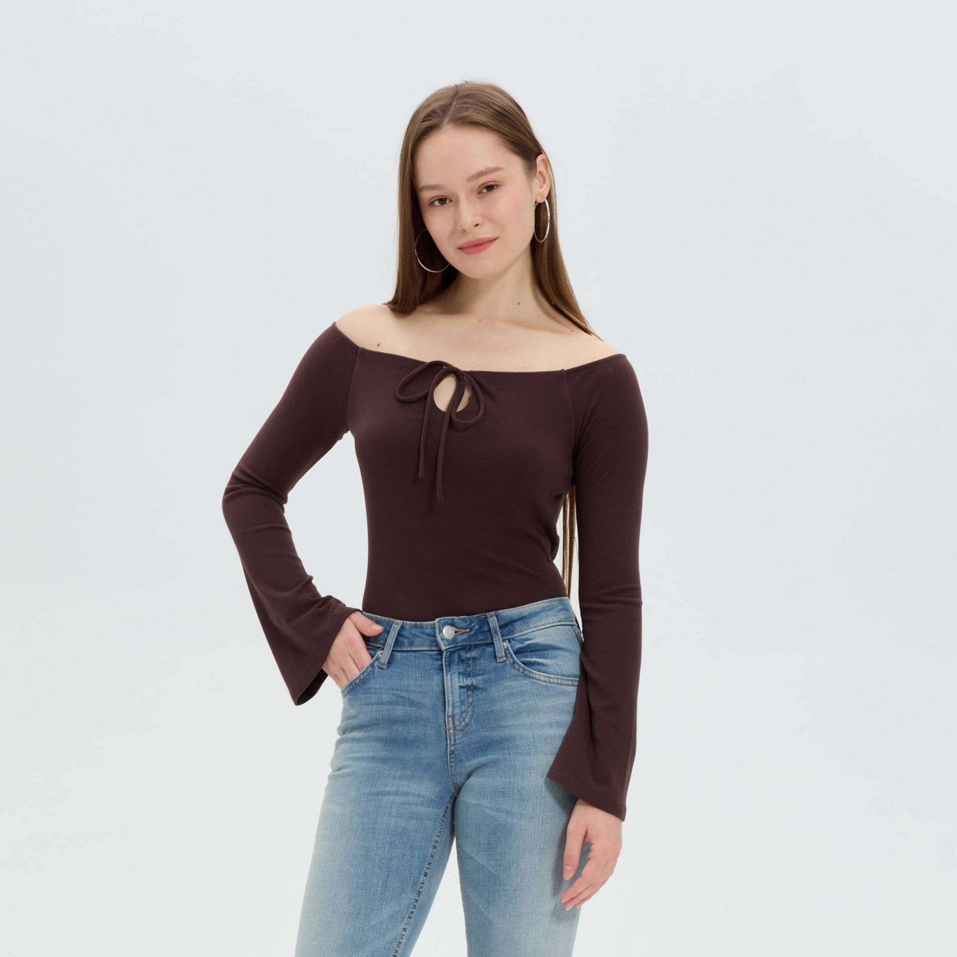 Women's Bell Long Sleeve Off the Shoulder Ruched Tie-Front Top - Wild Fable™