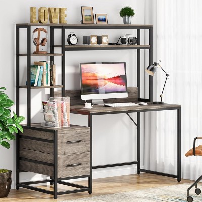 PAGED 55" Computer Desk with Hutch, Modern Home Office Desk with 2 Drawers & Open Shelves for Living Room