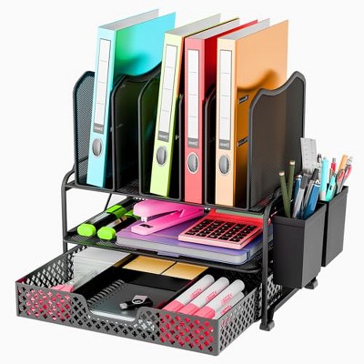 Simple Trending Desk File Organizer with Sliding Drawer, Metal Mesh Double Tray and 5 Upright Section Sorter and 2 Pen Holder, Black