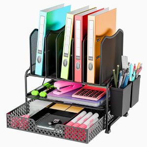 Simple Trending Desk File Organizer with Sliding Drawer, Metal Mesh Double Tray and 5 Upright Section Sorter and 2 Pen Holder, Black - 1 of 4