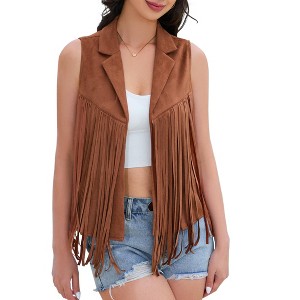 MISSKY Women's Tassel Vest Hippie Faux Suede Rivets Sleeveless Costume Fringe Jacket - 1 of 4