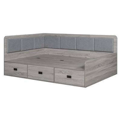 Bellemave Full Size L-Shaped Daybed with Storage, Upholstered Backrest, 3 Drawers & Shelves, Sofa Bed for Living Room or Bedroom, Grey