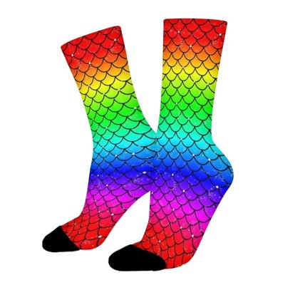 Rainbow Glitter Mermaid Scales Women Printed Crew Socks Funny Funky Socks Soft Polyester Novelty Gifts for Artists Men