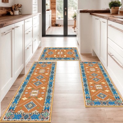 DOMETOUR Farmhouse Kitchen Rugs 3 Piece Set,Non Slip Machine Washable Kitchen Mats,Boho Vintage Kitchen Carpet