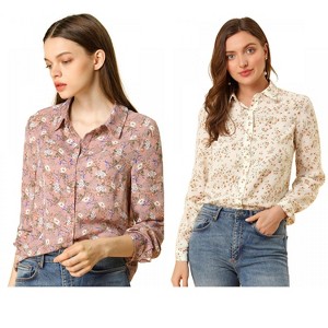 INSPIRE CHIC Women's Point Collar Long Button Sleeve Button Down Floral Shirt 2 Packs - 1 of 4